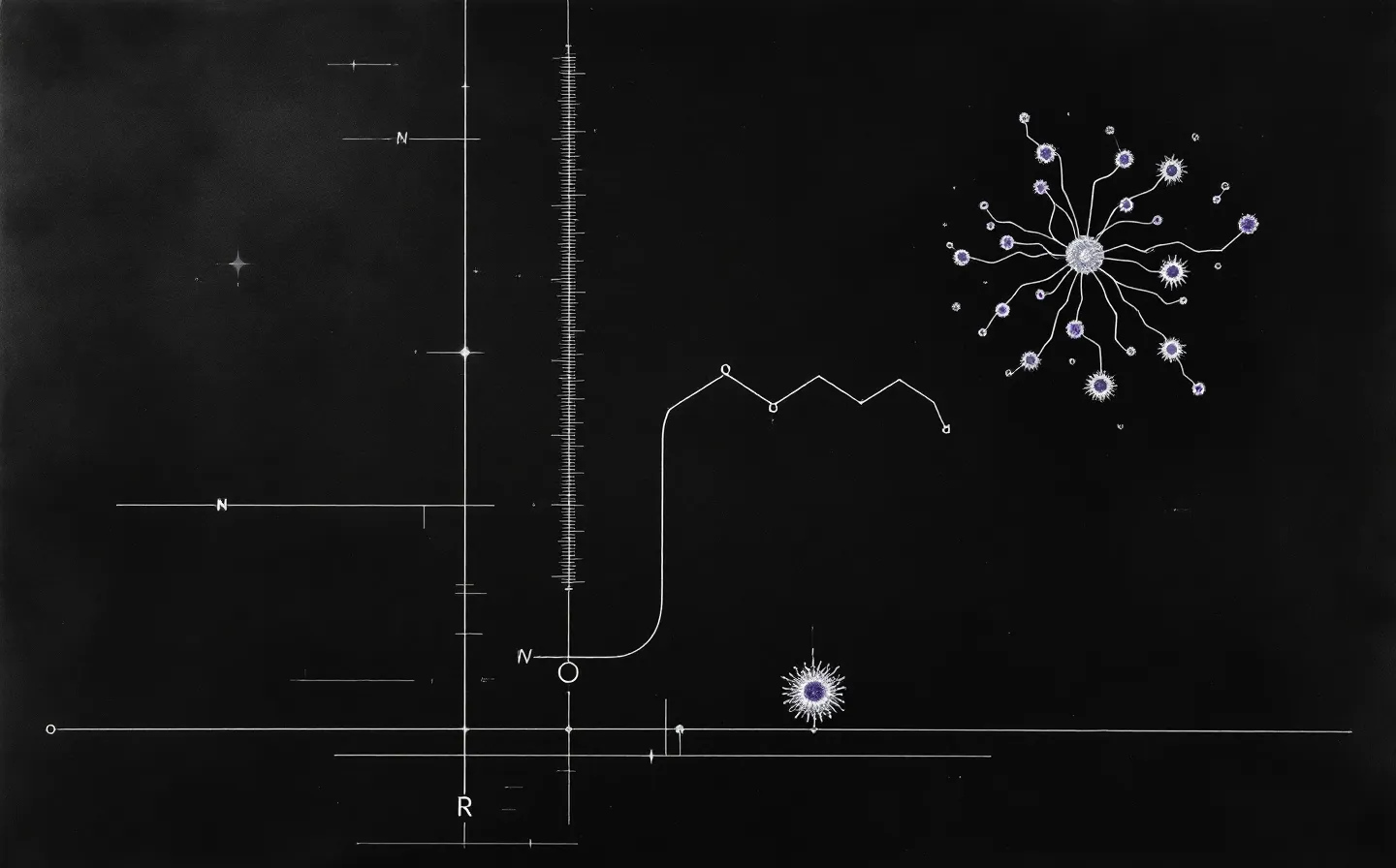 Abstract titration scale with a violet meniscus beside a peptide chain and a dendritic-cell rosette feeding T-cell nodes on graphite