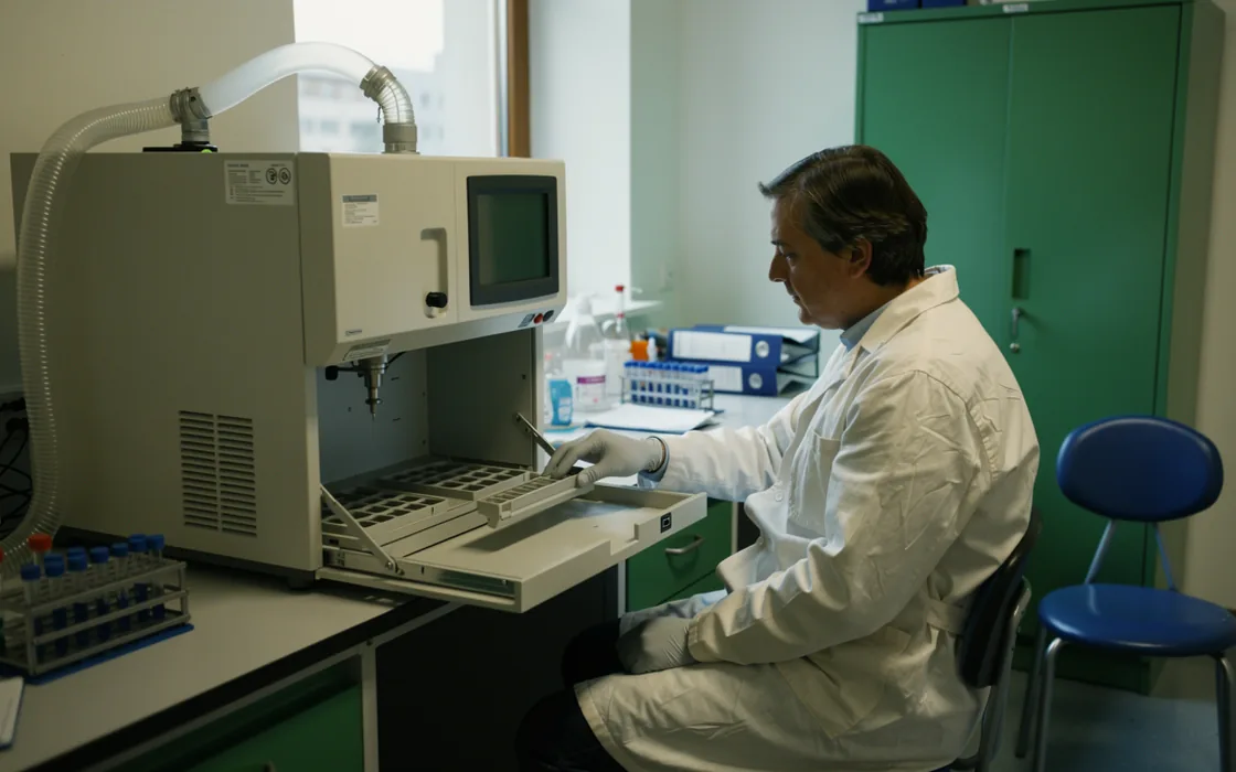 A technician seated beside a flow cytometer with an unmarked sample carousel