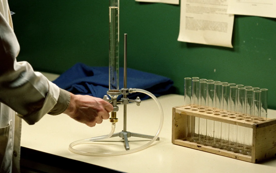 Glass chromatography apparatus and open fraction-collection tubes on a pale laboratory bench