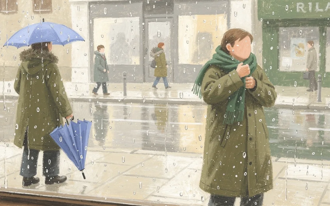 Pedestrians in coats passing wet windows on a cool winter afternoon